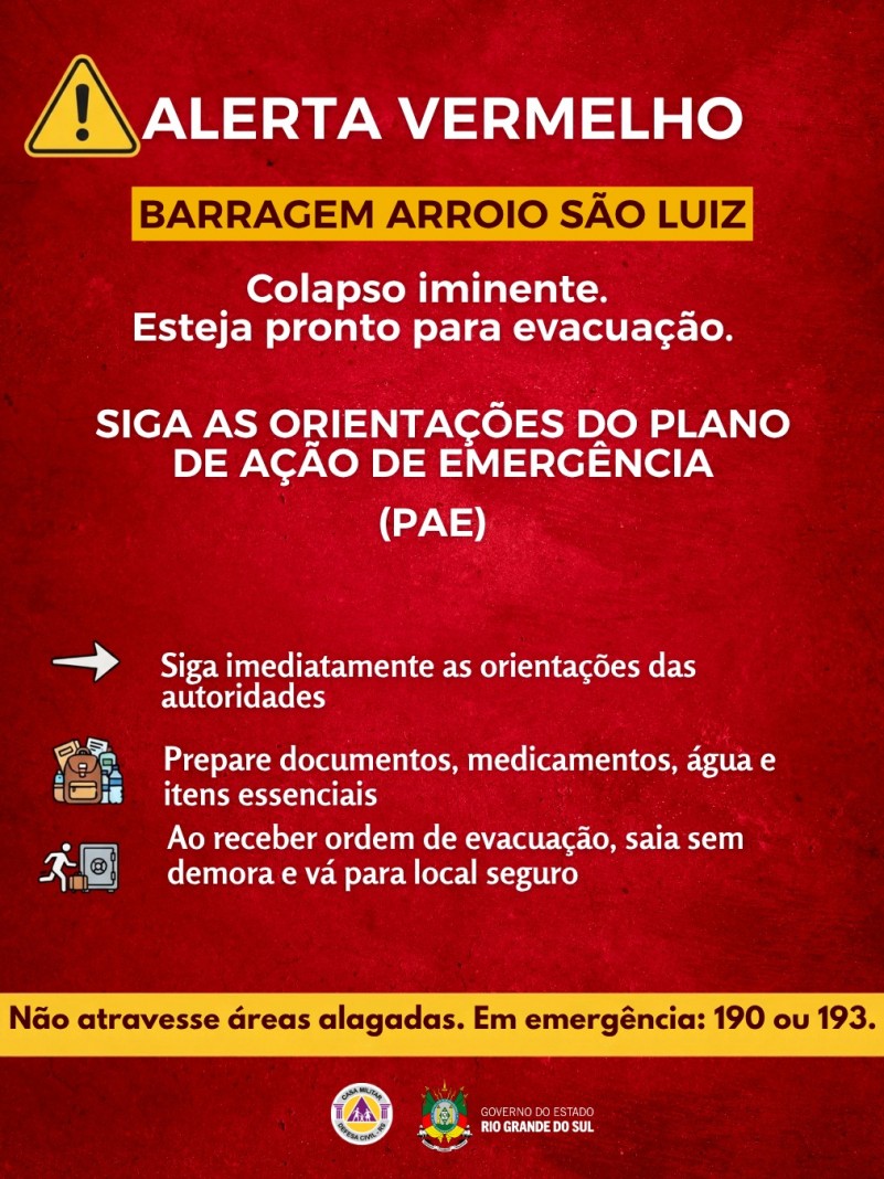 Moradores do entorno da barragem Arroio S&atilde;o Luiz em S&atilde;o Marcos devem se preparar para evacua&ccedil;&atilde;o