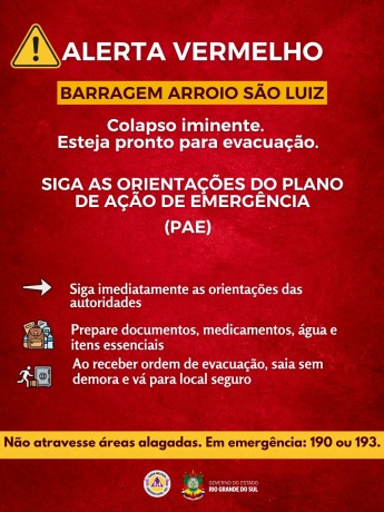 Moradores do entorno da barragem Arroio S&atilde;o Luiz em S&atilde;o Marcos devem se preparar para evacua&ccedil;&atilde;o