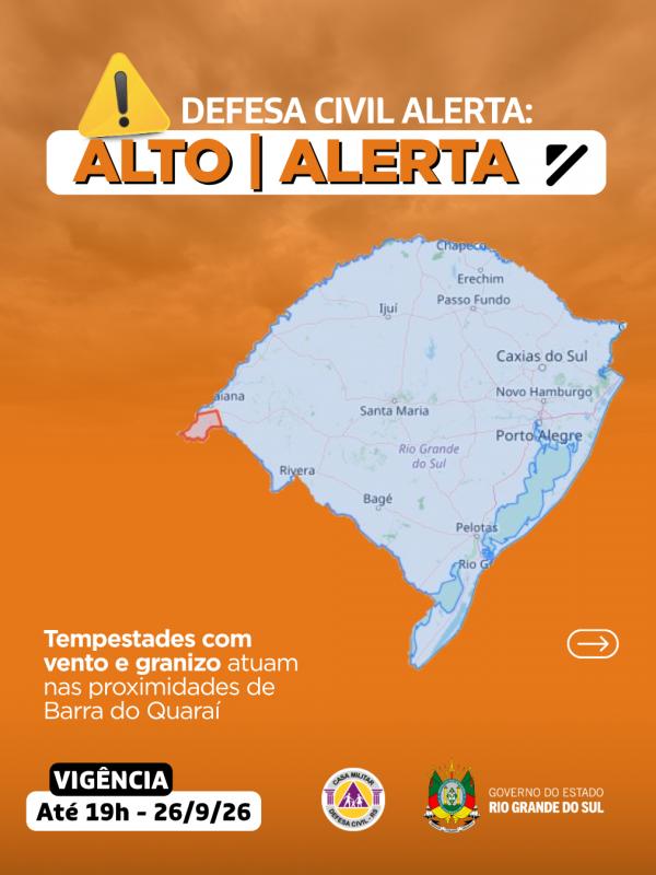 Defesa Civil alerta: condi&ccedil;&atilde;o de ALERTA para tempestades com vento e granizo que atuam nas proximidades de Barra do Quara&iacute;