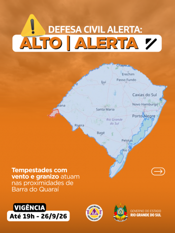 Defesa Civil alerta: condi&ccedil;&atilde;o de ALERTA para tempestades com vento e granizo que atuam nas proximidades de Barra do Quara&iacute;
