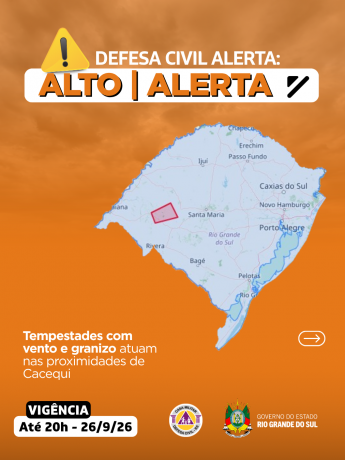 Defesa Civil alerta: condi&ccedil;&atilde;o de ALERTA para tempestades com vento e granizo que atuam nas proximidades de Cacequi