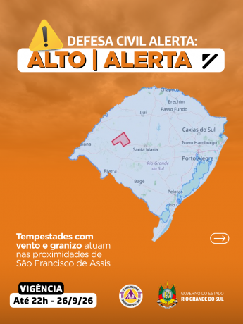 Defesa Civil alerta: condi&ccedil;&atilde;o de ALERTA para tempestade com vento e granizo que atuam nas proximidades de S&atilde;o Francisco de Assis