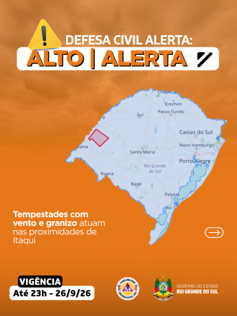 Defesa Civil alerta: condi&ccedil;&atilde;o de ALERTA para tempestades com vento e granizo que atuam nas proximidades de Itaqui