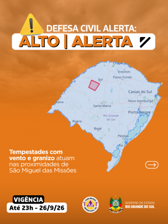 Defesa Civil alerta: condi&ccedil;&atilde;o de ALERTA para tempestade com vento e granizo que atuam nas proximidades de S&atilde;o Miguel das Miss&otilde;es