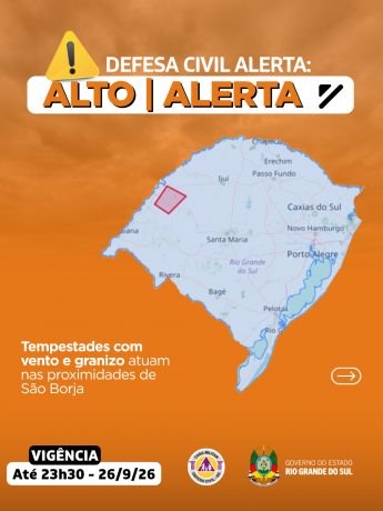 Defesa Civil alerta: condi&ccedil;&atilde;o de ALERTA para tempestades com vento e granizo que atuam nas proximidades de S&atilde;o Borja