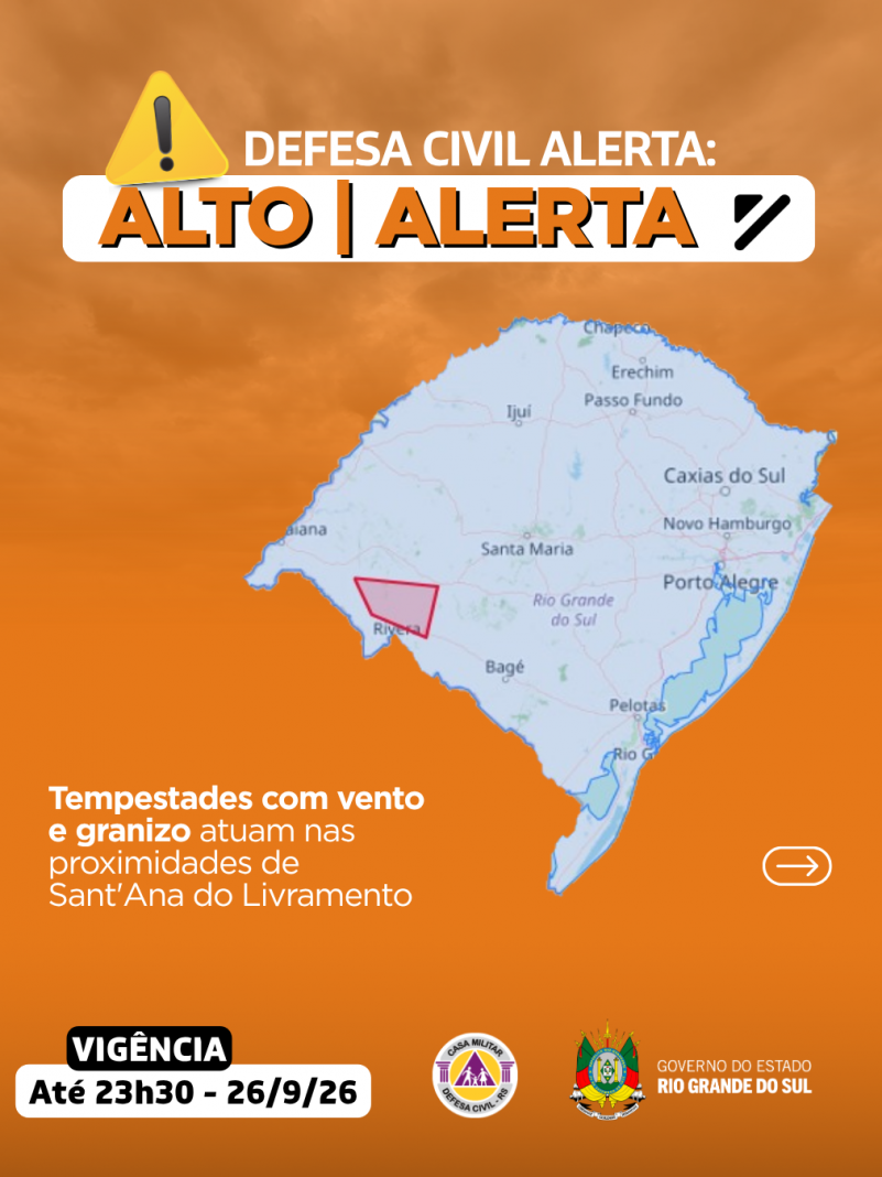 Defesa Civil alerta: condi&ccedil;&atilde;o de ALERTA para tempestades com vento e granizo que atuam nas proximidades de Santana do Livramento