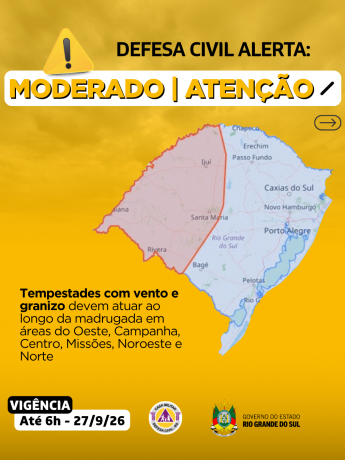 Defesa Civil alerta: condi&ccedil;&atilde;o de ATEN&Ccedil;&Atilde;O para tempestades com vento e granizo