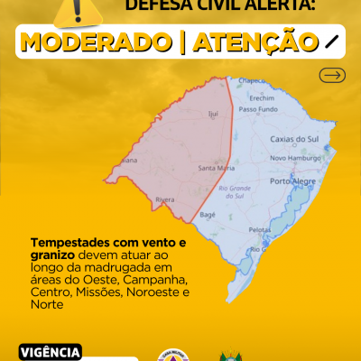 Defesa Civil alerta: condi&ccedil;&atilde;o de ATEN&Ccedil;&Atilde;O para tempestades com vento e granizo