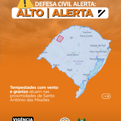 Defesa Civil alerta: condi&ccedil;&atilde;o de ALERTA para tempestades que atuam nas proximidades de Santo Ant&ocirc;nio das Miss&otilde;es