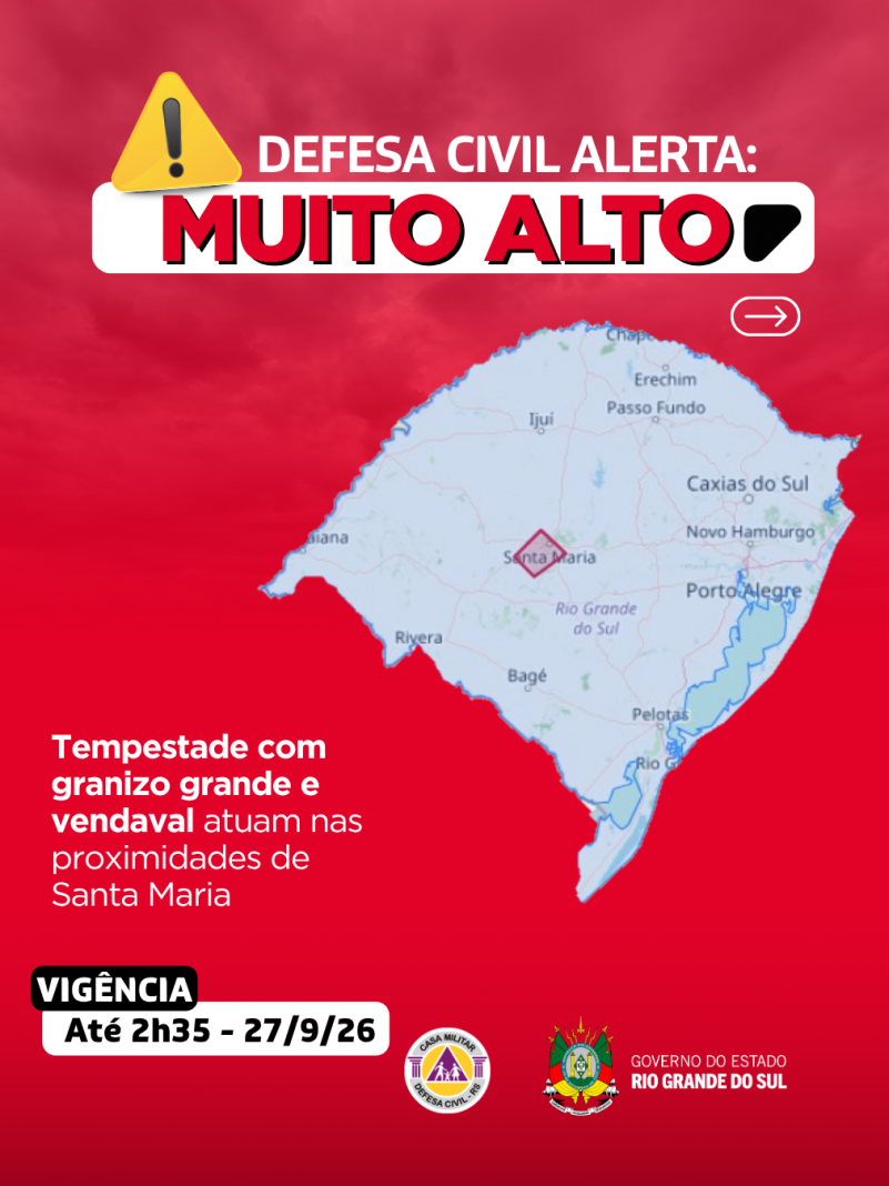 Defesa Civil alerta: condi&ccedil;&atilde;o SEVERA para tempestade com granizo grande e vendaval, que atuam nas proximidades de Santa Maria