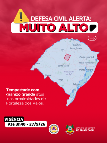 Defesa Civil alerta: condi&ccedil;&atilde;o SEVERA para tempestade com granizo grande que atua nas proximidades de Fortaleza dos Valos