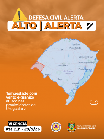 Defesa Civil alerta: condi&ccedil;&atilde;o de ALERTA para tempestades com vento e granizo que atuam nas proximidades de Uruguaiana