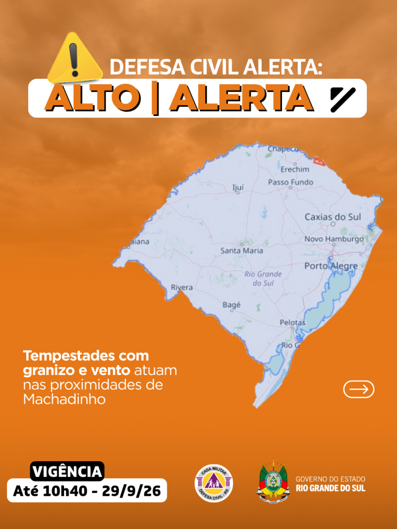Defesa Civil alerta: condi&ccedil;&atilde;o de ALERTA para tempestade com granizo e vento que atuam nas proximidades de Machadinho