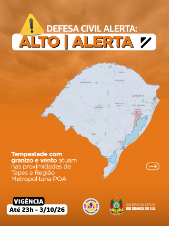 Defesa Civil alerta: condi&ccedil;&atilde;o de ALERTA para tempestade com vento e granizo que atuam nas proximidades de Tapes e RMPOA