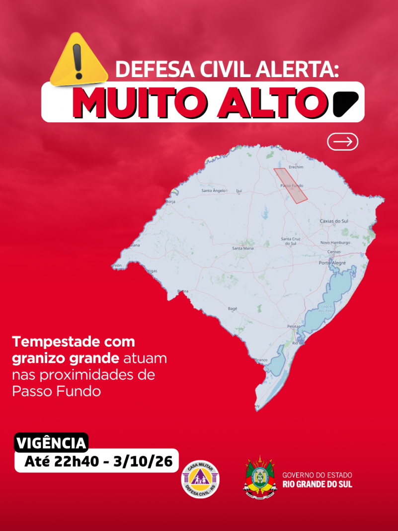 Defesa Civil alerta SEVERO para tempestade com granizo grande que atua nas proximidades de Passo Fundo