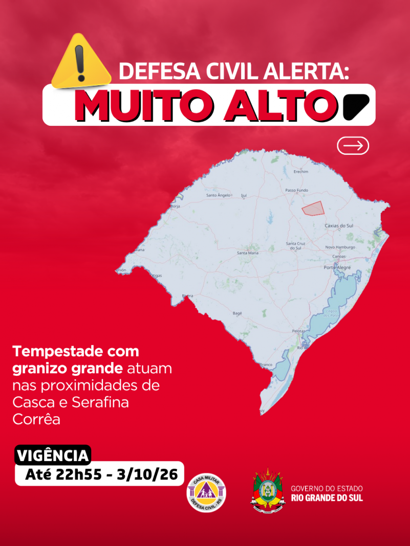 Defesa Civil alerta SEVERO para tempestade com granizo grande que atua nas proximidades de Casca e Serafina Corr&ecirc;a