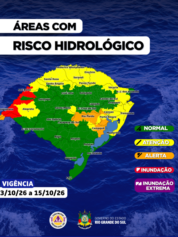 O CENTRO DE MONITORAMENTO DA DEFESA CIVIL DO ESTADO ATUALIZA O PROGN&Oacute;STICO HIDROL&Oacute;GICO PARA OS PR&Oacute;XIMOS DIAS