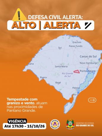 Defesa Civil alerta: Condi&ccedil;&atilde;o de ALERTA LARANJA para tempestade com granizo e vento nas proximidades de Pantano Grande.