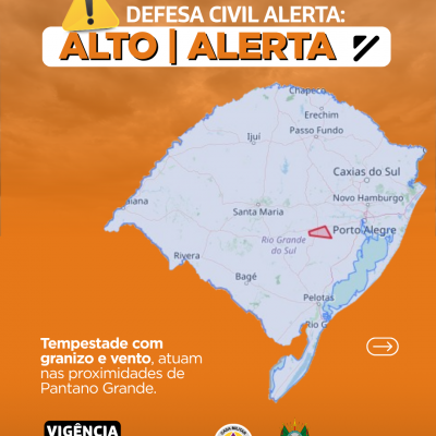 Defesa Civil alerta: Condi&ccedil;&atilde;o de ALERTA LARANJA para tempestade com granizo e vento nas proximidades de Pantano Grande.