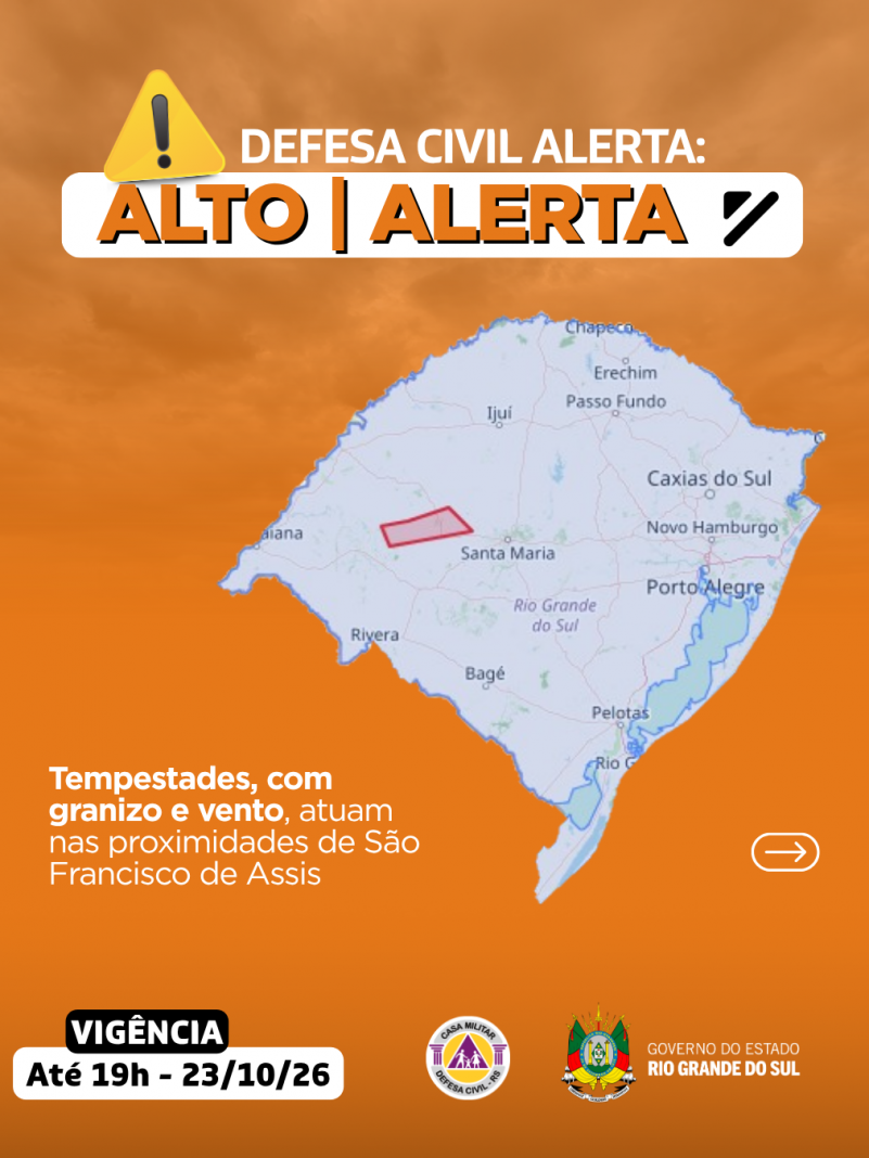 Defesa Civil alerta: condi&ccedil;&atilde;o de ALERTA para tempestades com granizo e vento que atuam nas proximidades de S&atilde;o Francisco de Assis