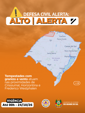 Defesa Civil alerta: condi&ccedil;&atilde;o de ALERTA para tempestade nas proximidades de Crissiumal, Horizontina e Frederico Westphalen