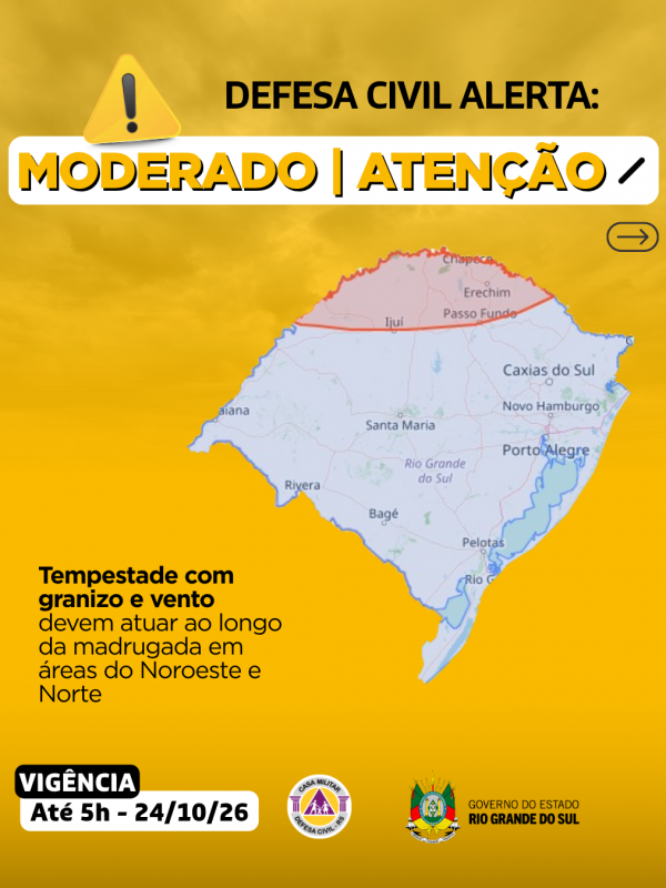 Defesa Civil alerta: Condi&ccedil;&atilde;o de ATEN&Ccedil;&Atilde;O para chuva, granizo e vento que devem atuar ao longo da 