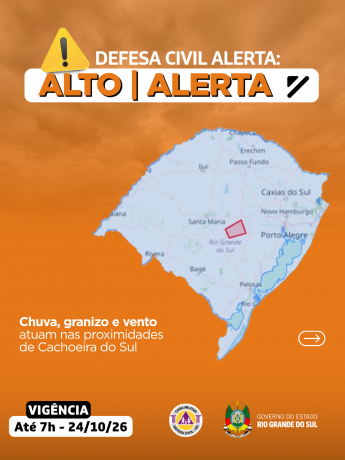 Defesa Civil alerta: condi&ccedil;&atilde;o de ALERTA para chuva, granizo e vento que atuam nas proximidades de Cachoeira do Sul