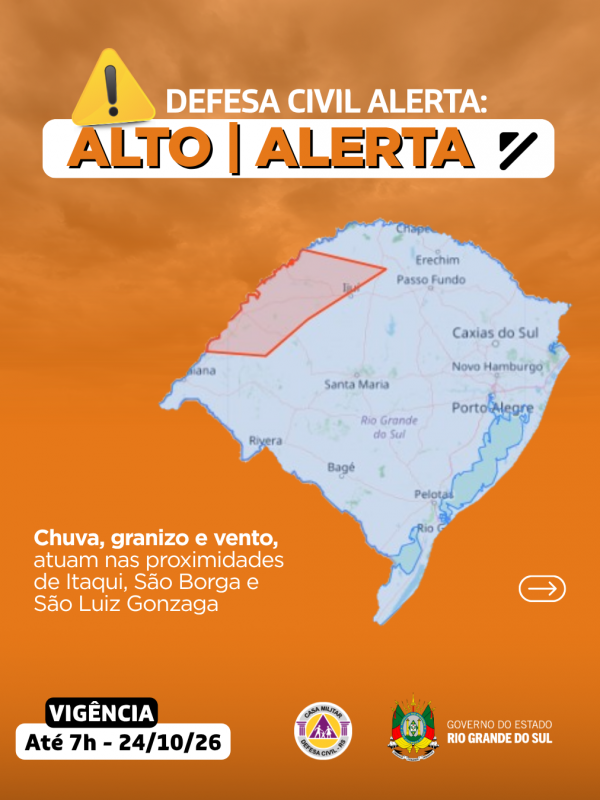 Defesa Civil alerta: condi&ccedil;&atilde;o de ALERTA para chuva, granizo e vento que atuam nas proximidades de Itaqui, S&atilde;o Borga e S&atilde;o Luiz Gonzaga