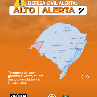 Defesa Civil alerta: condi&ccedil;&atilde;o de ALERTA para tempestades com granizo e vento que atuam nas proximidades de Uruguaiana